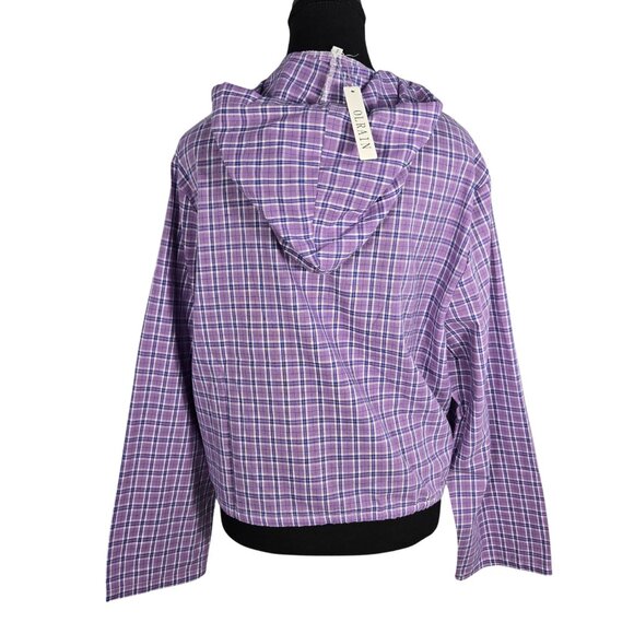 NWT | OLRAIN Purple Plaid Hooded Button-Down Shirt | Drawstring | S - Picture 2 of 5